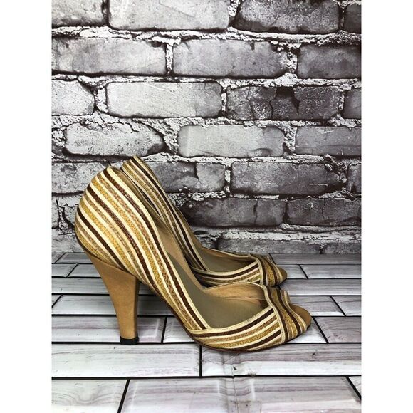 Marcello Toshi Gold Brown Stripe Fabric Peep Toe 5” High Heels Women Sz 6M US/37 - Picture 6 of 16